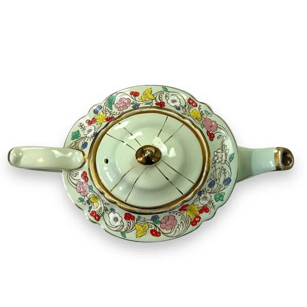 Sadler Teapot Vintage Made In England Green and Gold Guilded Floral Pattern